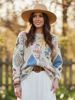 Floral Geometric Knit Sweater L cotton ramie vintage honeycomb chunky knit